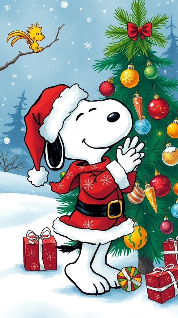 Snoopy Christmas Painting Ideas Snoopy as Santa decorating a Christmas tree in a snowy landscape.